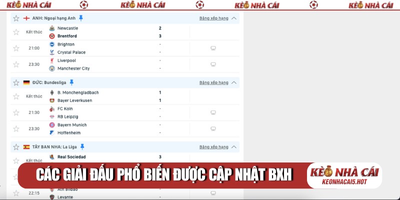 Các giải đấu phổ biến được cập nhật BXH